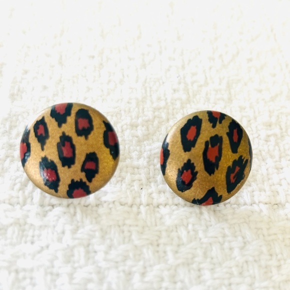 Vintage 1990s Button Stud Earrings Leopard Print Round Bronze Tan Black Design - Picture 1 of 10